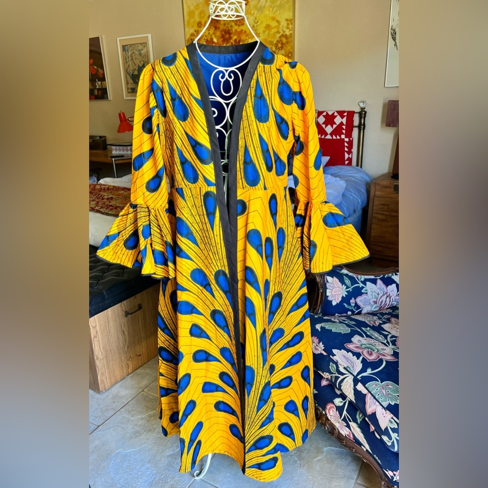 Orange and Cobalt Blue Peacock Feather Duster Jacket, size M/L, for Amy